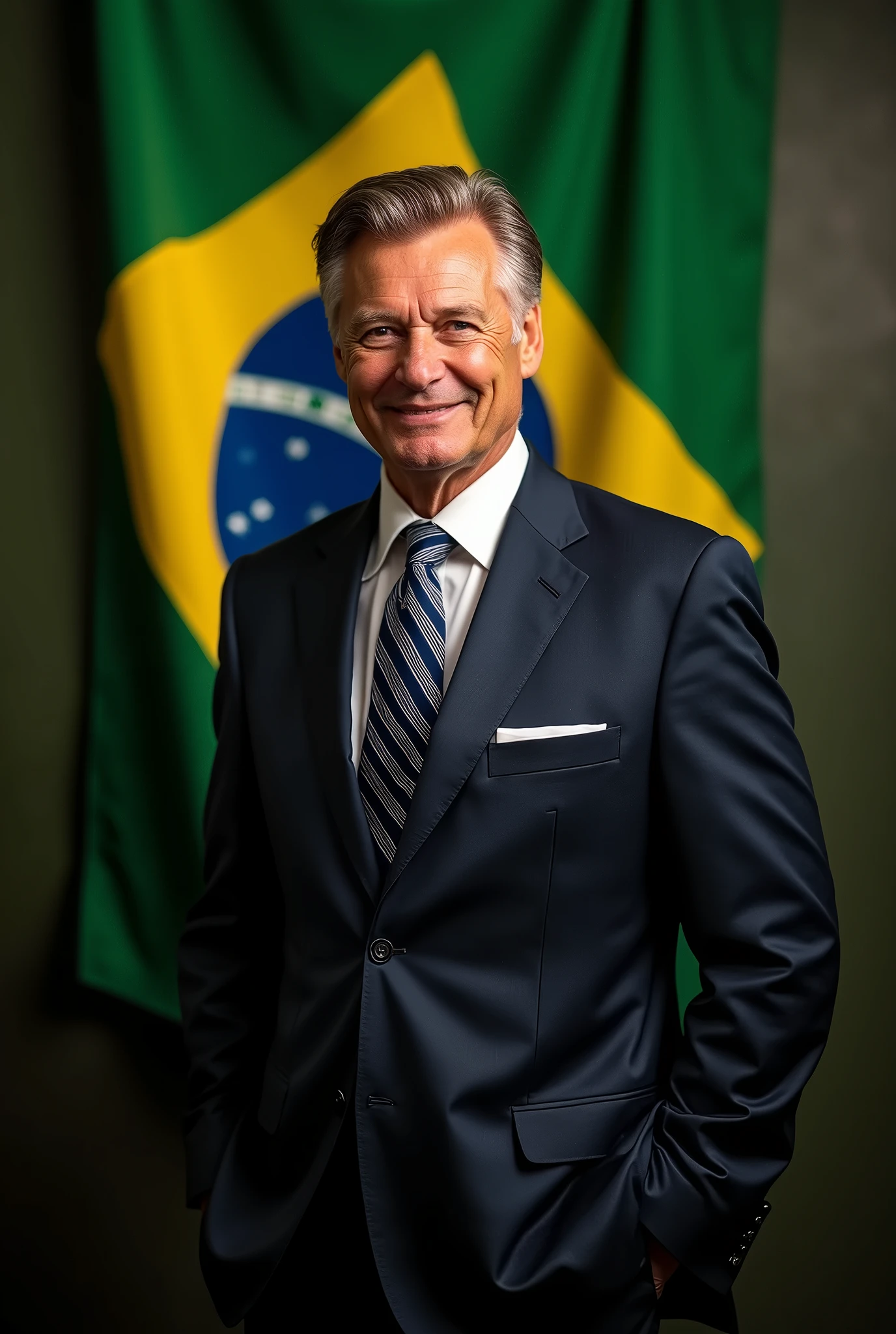 A man wearing a presidential suit and a presidential pose, with the Brazilian flag behind him.