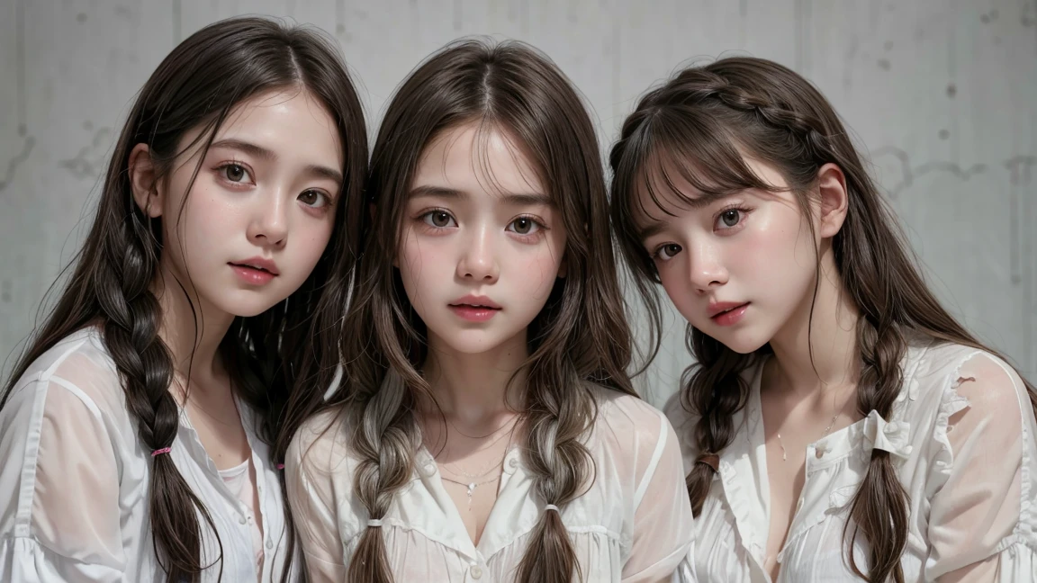 3 girls with baby ring wet white clothes, braided hair with beautiful gray streaks, pushing up their chest, torn clothes, high detail, bedroom background 8K detail