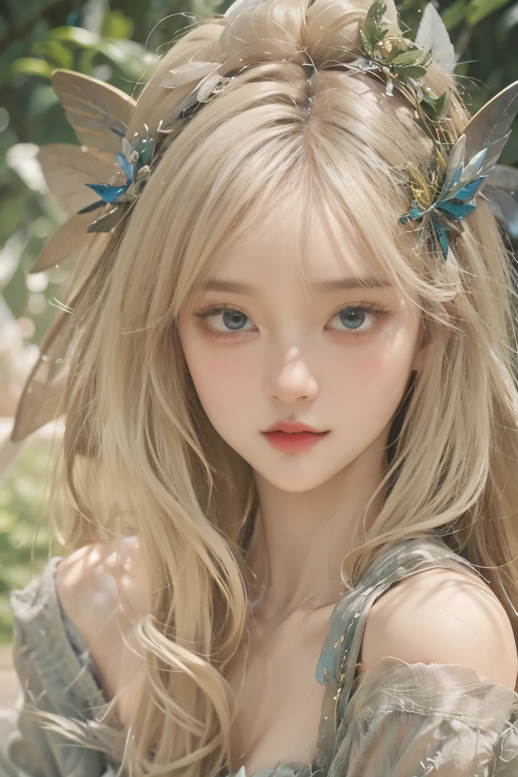 best quality、high resolution、very detailed、masterpiece、(live shooting:1.5)、bona fide:1.5、photobona fideistic:1.5、Very delicate and beautiful、small details、(European:1.5)、(open your legs:1.1)、Elegant and beautiful fairy portrait、She blends in with nature、Beautiful like a fairy、obvious, light나는 피부、Emerald green eyes、(Delicate and soft blonde hair)、light, Feather-shaped head ornaments and accessories、Elegant and flowing fairy-like attire、A background that harmonizes with nature