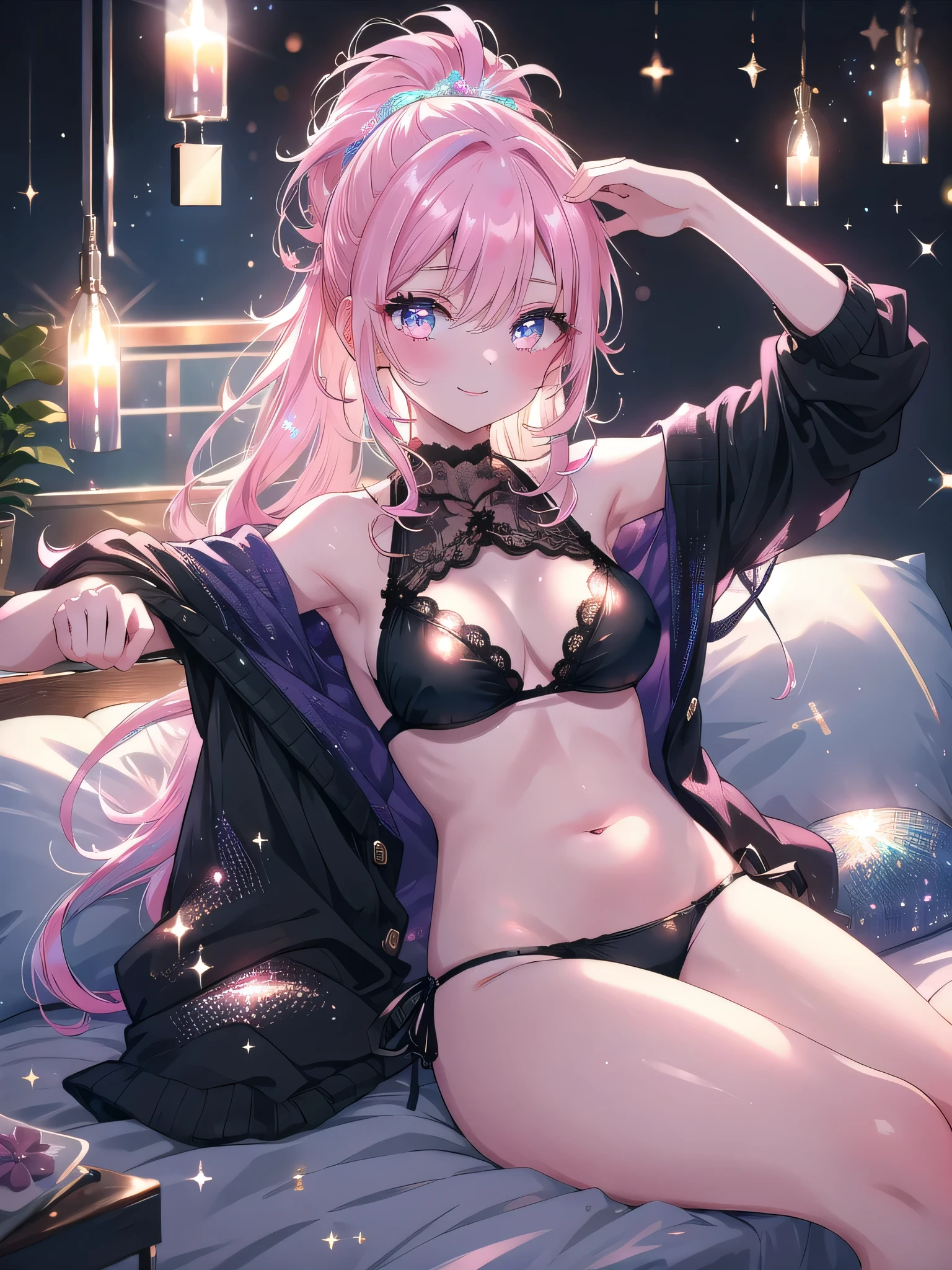 ((8k, Highest quality, masterpiece: 1.3)),Ultra-high resolution,(1 girl, alone), (Color changing eyes, Ultra-detailed, Expressive brilliance, Glitter, Glowing Eyes), Highly detailed eyes, Highly detailed face, Random Hair, ((pastel colour)),A stunning young woman with pastel pink hair styled into a loose ponytail, lying on her back on her bed in her softly lit bedroom during a late evening. She is wearing a sleek black bikini with sheer mesh panels. The camera captures her from a top-down angle as she stretches out her arms above her head, her legs slightly apart while she gazes up at the camera with a confident smile. As she shifts into another pose, she sits up with her legs crossed, leaning back on her hands while her hair cascades down her back, exuding an air of relaxed elegance. The room is dimly lit by a few candles, with soft music playing in the background, creating a calm and intimate atmosphere.
