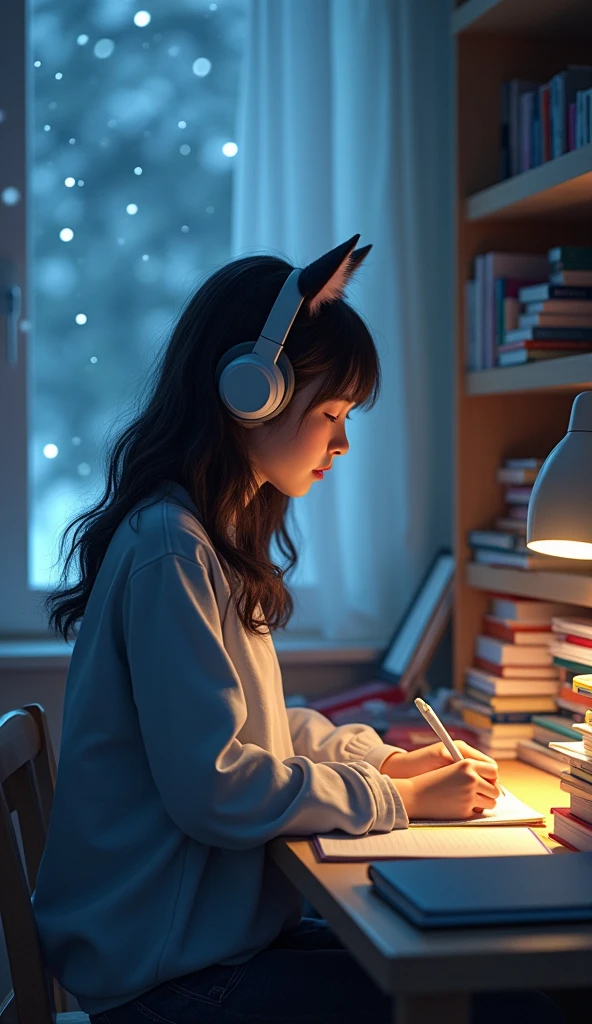 Study hard at one's desk, Cat ear, Put on your headphones, Night Light,table、snow、Left facing、Cat face、lofigirl style
