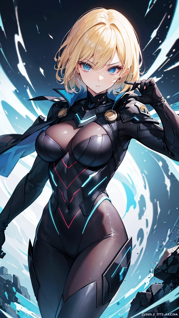 A beautiful woman with a powerful presence, good figure, short dyed blonde hair, wearing a black Flash costume without the mask, in front of a destroyed planet, detailed face, high quality, photorealistic, vibrant colors, dramatic lighting