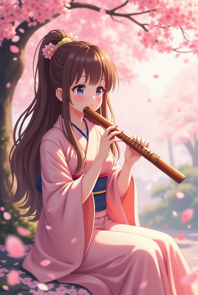 A cute woman playing the shakuhachi、Brown long hair、Fluffy hair、anime