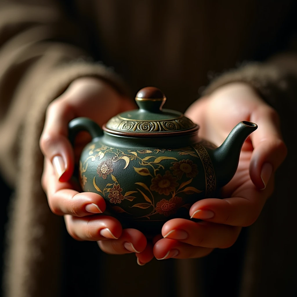 Close-up of Hands, advertising photography, A hand model shows teapot, chinese style. Beautiful cinematic lighting, RAW photo, color graded, dynamic movement, (captivating chiaroscuro:0.1), award-winning, cinematic still, emotional, vignette, dynamic, vivid, (masterpiece, best quality, photorealistic, Professional, perfect composition, very aesthetic, absurdres, ultra-detailed, intricate details:1.3)
