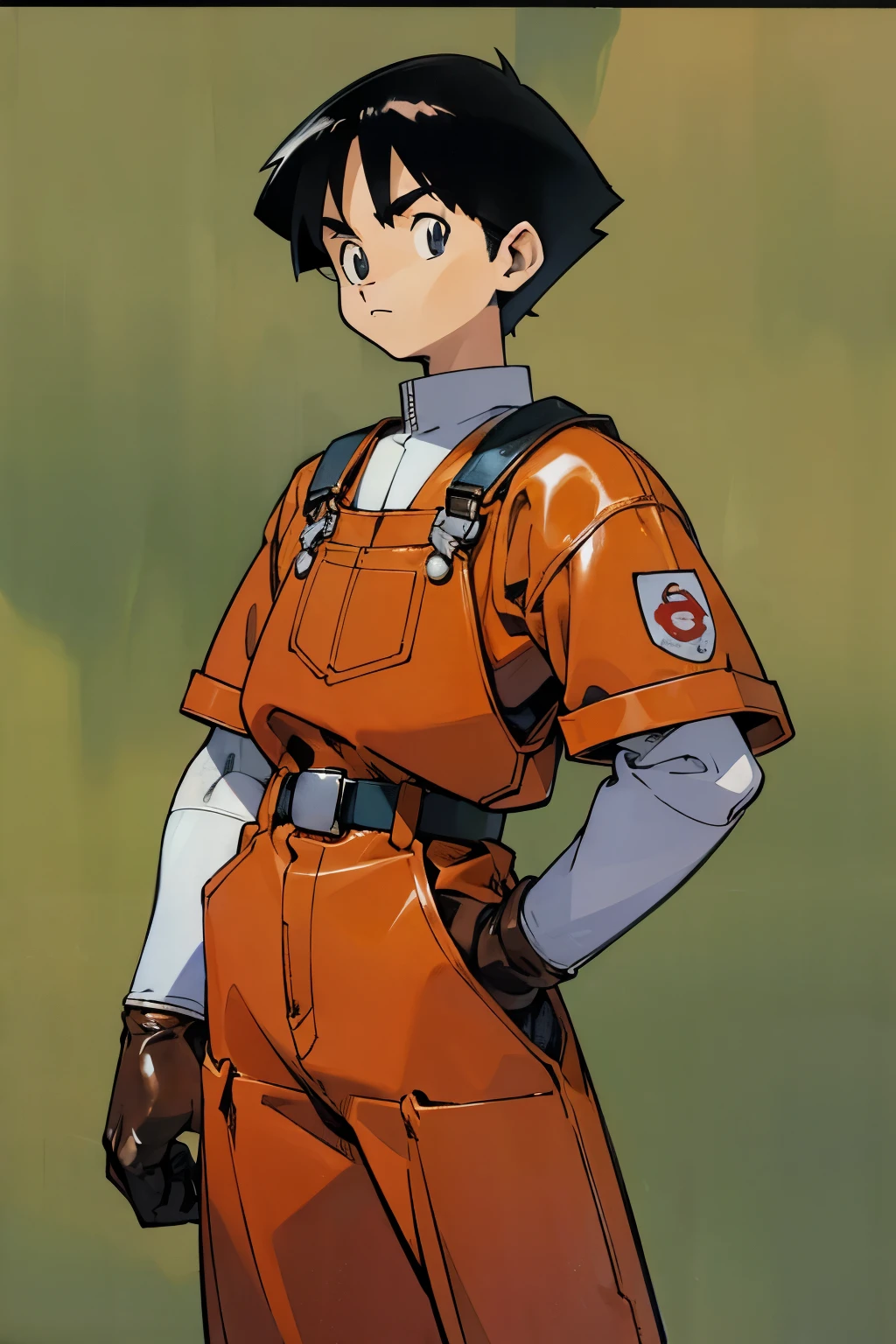 by Ken Sugimori, sugimori 1990s, ((only 1man)), overalls, leather gloves, berries in the background, ((hands behind their back)), full black pupils, manga, best quality, highly detailed, clean lines, cowboy shot, good hands, good eyes, hd, 8k, professional, symmetrical, hires, 8k,