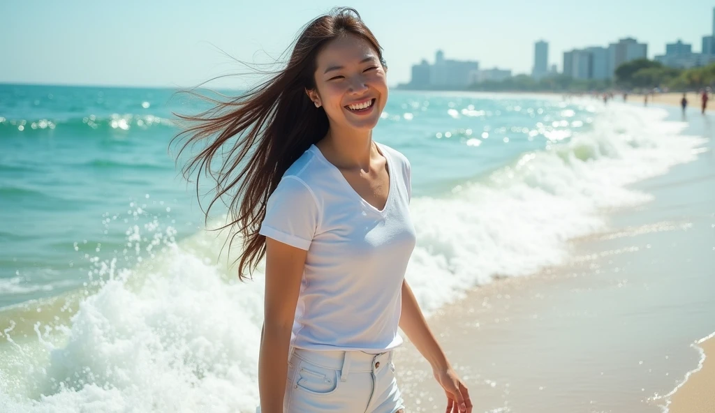 HDR photo of korean woman walks in the surf at a beach, long brunette hair blowing in the wind, laughing at the viewer, water splashing, bright sunlight, wearing a white t-shirt, white shorts . High dynamic range, vivid, rich details, clear shadows and highlights, realistic, intense, enhanced contrast, highly detailed