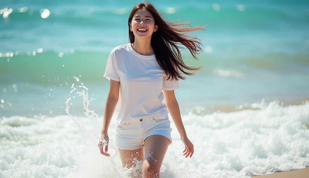 HDR photo of korean woman walks in the surf at a beach, long brunette hair blowing in the wind, laughing at the viewer, water splashing, bright sunlight, wearing a white t-shirt, white shorts . High dynamic range, vivid, rich details, clear shadows and highlights, realistic, intense, enhanced contrast, highly detailed