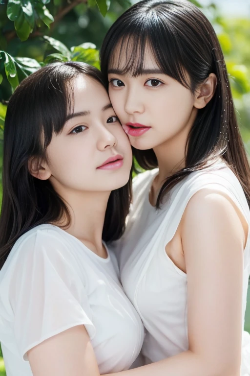 Two Women,Couple Focus,Highest quality,masterpiece,Very delicate and beautiful,CG,Unity,8k wallpaper,wonderful,In detail,masterpiece,Official Art,Very detailed CG Unity 8k wallpaper,Unbelievably absurd,Large file size,Very detailedな,High resolution,Very detailed,Beautiful detailed woman,Realistic,Outdoor,Small breasts,B cup breasts,Wet, See-through mini T-shirt、White see-through high leg bloomers,Licking their lips,Light contrast,Beautiful thighs,thin,Beautiful armpits,Two people hugging each other,Beautiful thighs,to kiss,Detailed lips、Detailed eyes、Detailed nose、Detailed breast expression、Kissed、Ecstasy、(Both of them are covered in condensed milk、Condensed milk overflowing from the mouth:1.5)、Condensed milk is flowing through their bodies、