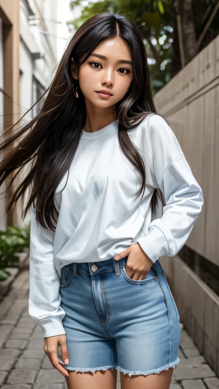Ayu is an Indonesian woman with long, slightly wavy black hair that reaches her back, light brown skin and soft, expressive brown eyes. His body is slender and of medium height, wearing a simple white long-sleeved shirt with light blue jeans and white sneakers. 