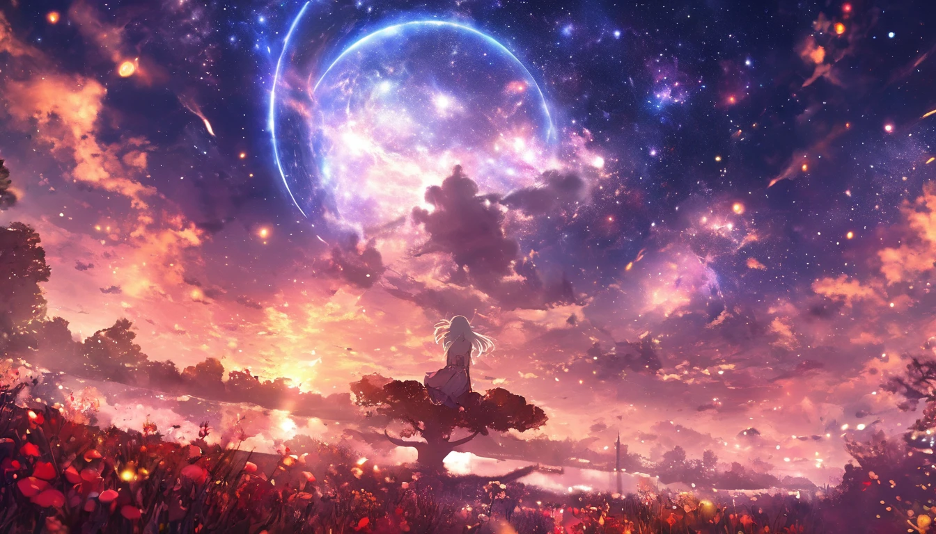 masterpiece, concept art, panorama, in the middle, shape, wide shot, 1 girl, garden, night, (meteor), with a space galaxy background, (great composition, Epic scale), dynamic lighting, bright colors, A long girl, delicate white hair、Red