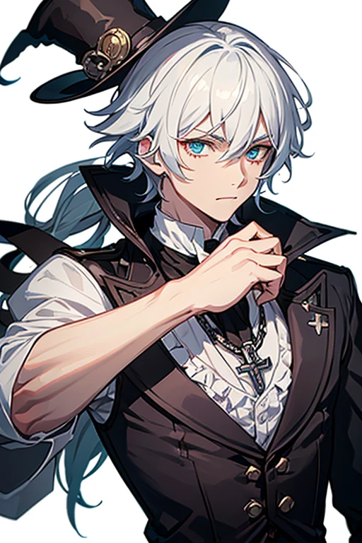 Jack the Ripper from Ragnarok, a 30-year-old priest, has short white hair and messy eyes with heterochromia, right eye, blue, left eye, green. He is a tall, muscular man, wearing a gray Victorian-era formal suit with a white shirt underneath and a blood-red steampunk top hat. with a cross on his chest, wearing a gold crucifix necklace and looking directly at the viewer, with a white background.