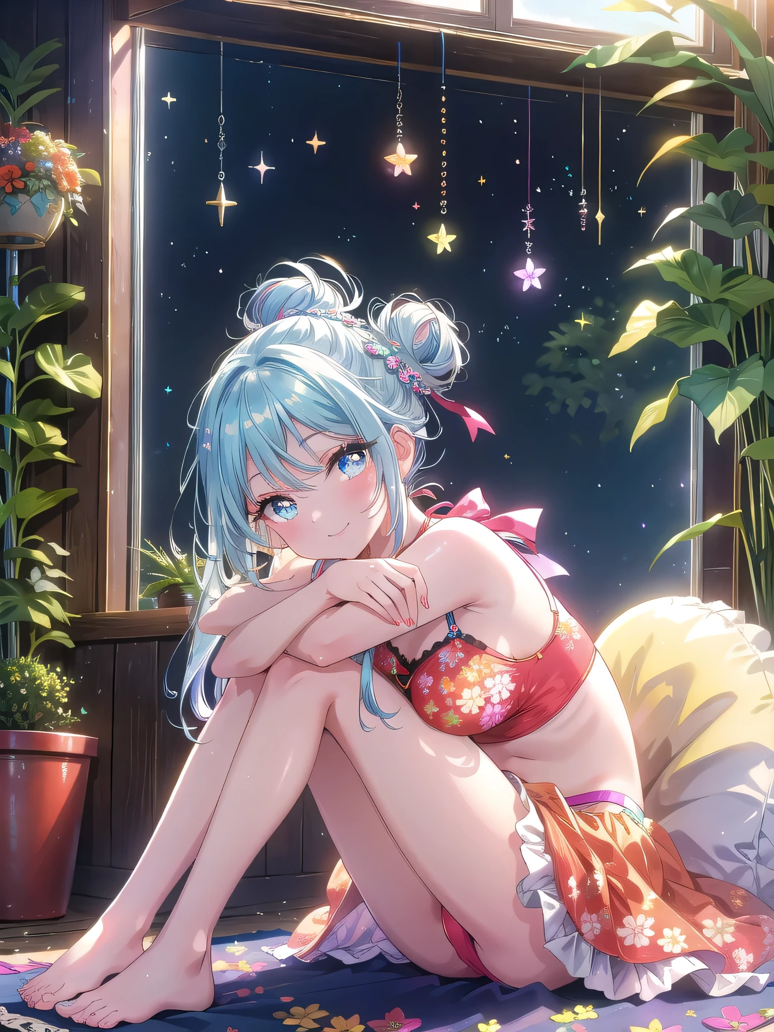 ((8k, Highest quality, masterpiece: 1.3)),Ultra-high resolution,(1 girl, alone), (Color changing eyes, Ultra-detailed, Expressive brilliance, Glitter, Glowing Eyes), Highly detailed eyes, Highly detailed face, Random Hair, ((pastel colour)),A playful young woman with pastel blue hair styled into a messy bun, sitting cross-legged on the floor of her sunlit bedroom during a bright afternoon. She is dressed in a vibrant orange bikini with intricate floral patterns. The camera captures her from a frontal angle as she leans slightly forward, her hands resting on her knees while she smiles brightly at the camera. As she shifts into another pose, she lies back on a soft rug, her legs slightly bent and her arms stretched above her head, gazing up at the ceiling with a contented expression. The room is filled with natural sunlight, with a few potted plants in the background, creating a fresh and lively atmosphere.