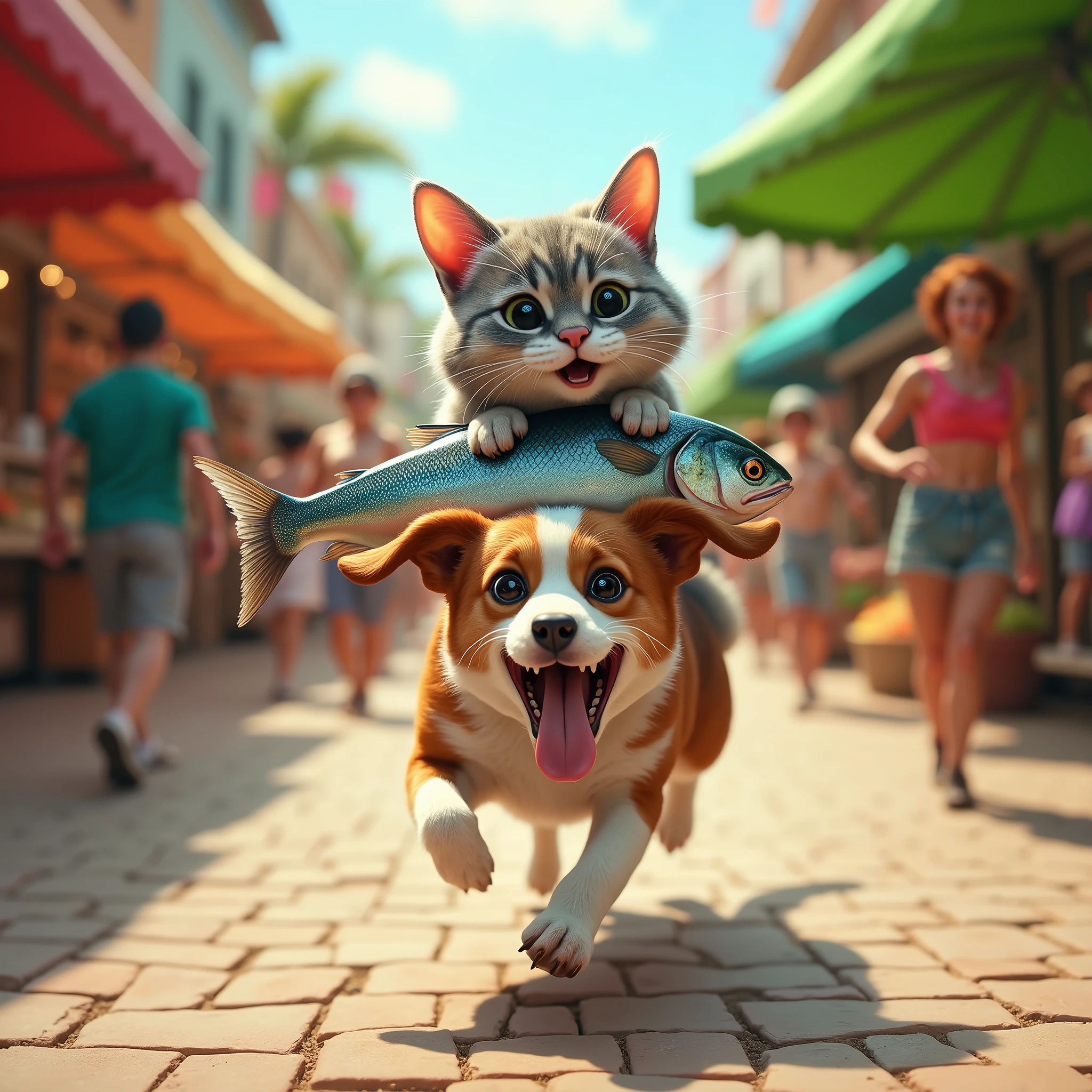 A dynamic and humorous scene in a lively outdoor market. A brown and white dog is sprinting with great speed, its tongue out in excitement. On the dog's back is a grey tabby cat with wide eyes and an open mouth, holding tightly onto a large, shiny fish. The cat appears both thrilled and surprised, as if it just made a daring escape. The background features market stalls with green canopies, and a few people are looking on in surprise, adding to the lively atmosphere of the market setting. The overall tone is playful and adventurous