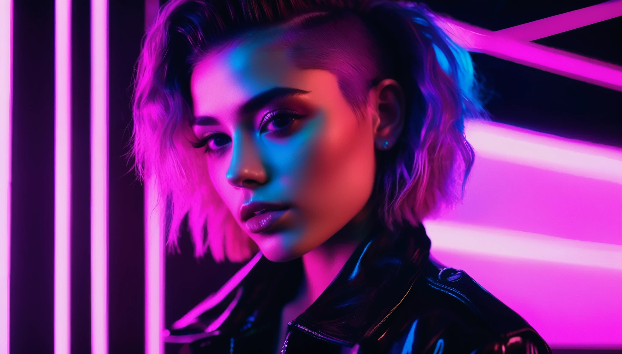 close-up beautiful young punk rock woman very detailled and sharp, retro neon synth wave with lyrics, subtly illuminating the face and body with magenta neon lights, black backdrop, very detailled, 32 mil, sharp focus, work of art