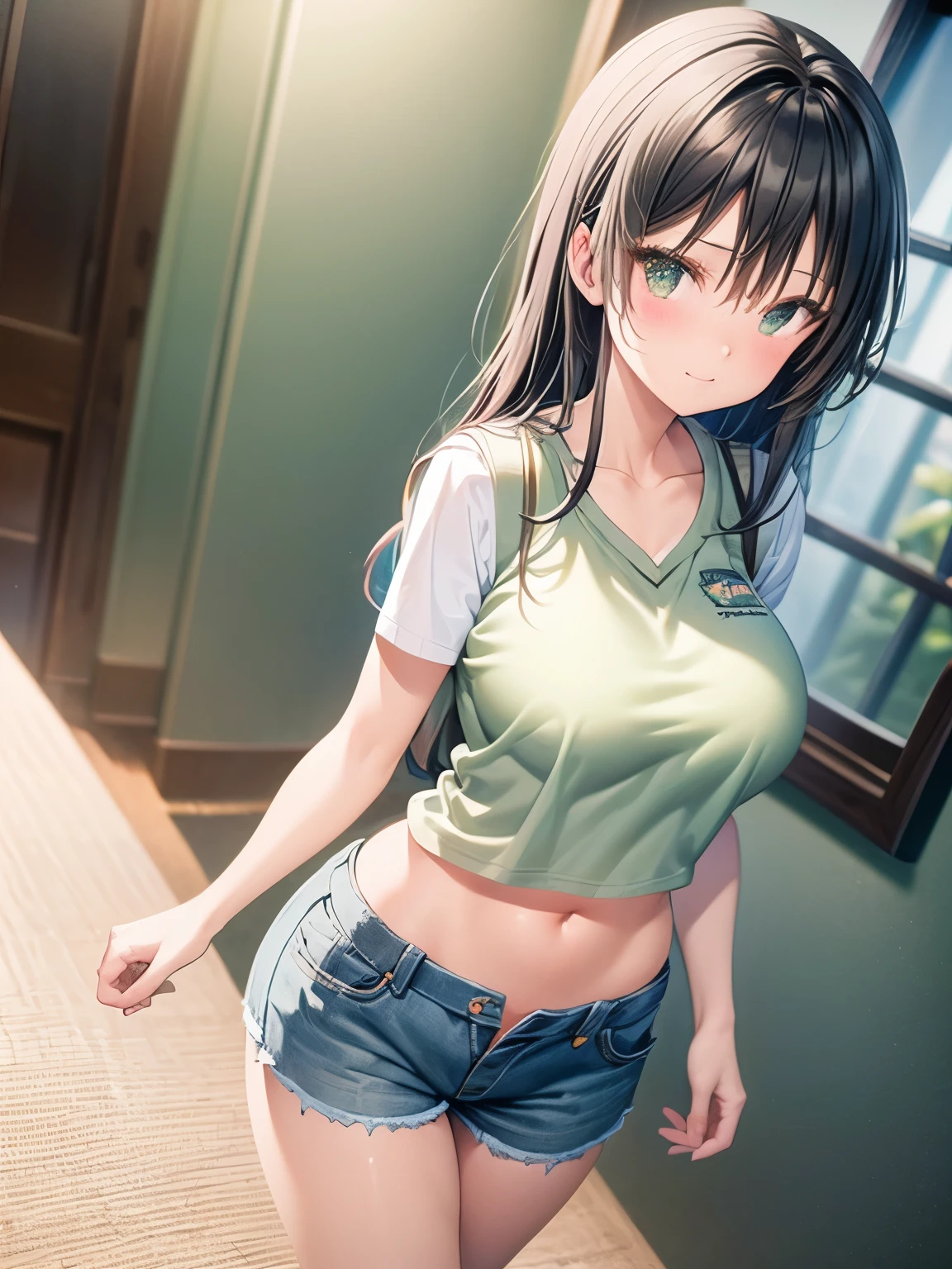 Damaged Denim Shorts　green、Black　Pantyhose、Light blue sports bra　Open-chest Aloha shirt、Big Breasts、Beautiful feet、smile、Black Hair　long hair、Sunset　Hawaii　Diamond Head、Are standing、Belly button　Firm stomach