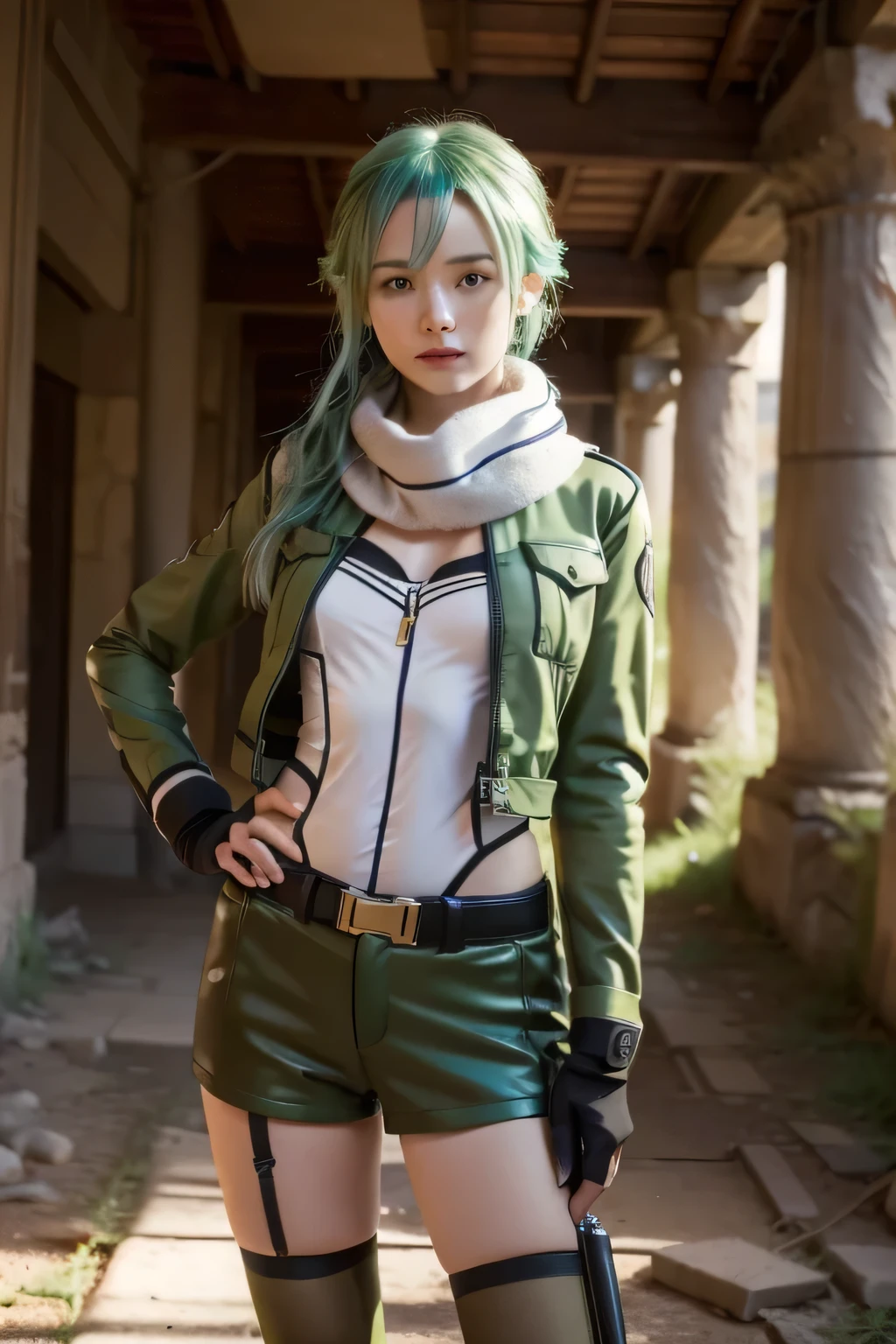 a stunning, hyperrealistic portrait of sinon, a character from an anime series, standing in an ancient ruin backdrop, wearing a scarf, fingerless gloves, a long-sleeved top, short shorts, hair accessories, green thigh-high socks, a green jacket, and thigh straps, with one hand on her hip, looking directly at the viewer, masterfully rendered with the highest quality, extreme detail, vivid colors, and realistic lighting