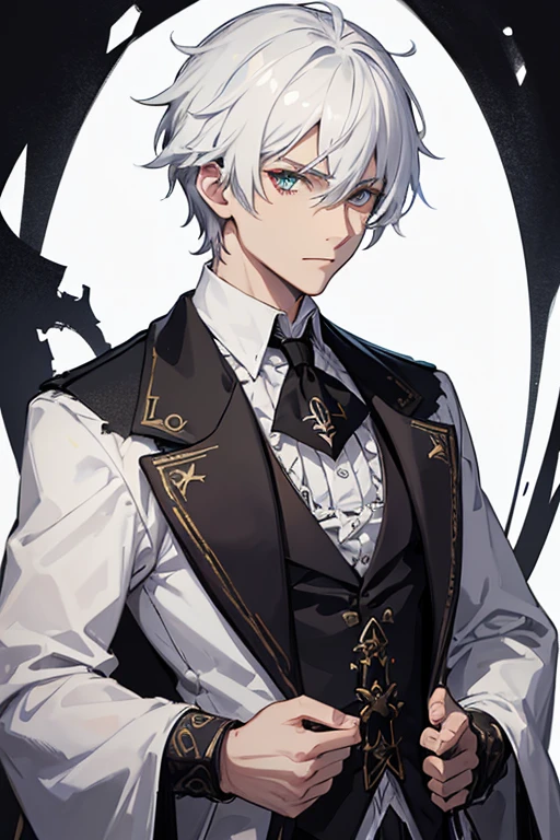 Jack the Ripper from Ragnarok, a 30-year-old priest, has short white hair and messy eyes with heterochromia, right eye, blue, left eye, green. He is a tall, muscular man, wearing a gray Victorian-era formal suit with a white shirt underneath and a blood-red steampunk top hat. with a cross on his chest, wearing a gold crucifix necklace and looking directly at the viewer, with a white background.