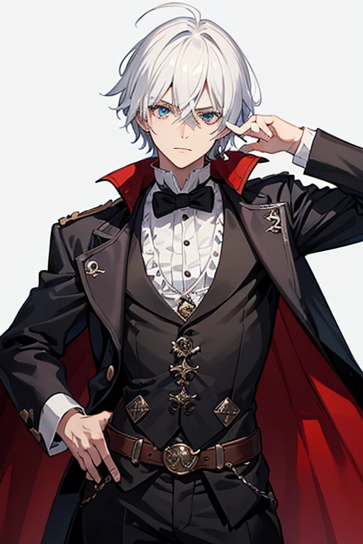 Jack the Ripper from Ragnarok, a 30-year-old priest, has short white hair and messy eyes with heterochromia, right eye, blue, left eye, green. He is a tall, muscular man, wearing a gray Victorian-era formal suit with a white shirt underneath and a blood-red steampunk top hat. with a cross on his chest, wearing a gold crucifix necklace and looking directly at the viewer, with a white background.