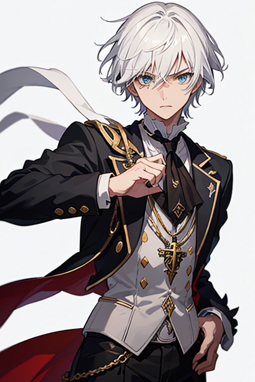 Jack the Ripper from Ragnarok, a 30-year-old priest, has short white hair and messy eyes with heterochromia, right eye, blue, left eye, green. He is a tall, muscular man, wearing a gray Victorian-era formal suit with a white shirt underneath and a blood-red steampunk top hat. with a cross on his chest, wearing a gold crucifix necklace and looking directly at the viewer, with a white background.
