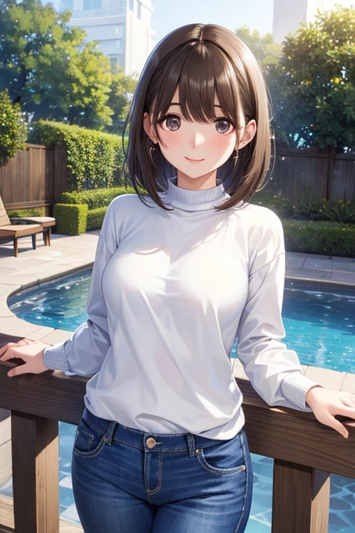 anegasaki nene、Shiny brown hair, short hair, (Beautiful brown eyes、Sparkling eyes, Fine grain)、smile、超detailedな目、非常にdetailedな顔, 非常にdetailedな目,
Highest quality、
((Highest quality, masterpiece:1.3, 8k)), (detailed), highly detailed face and skin texture, detailed eyes, Are standing, (Seductive pose:1.1), garden, Pool, whole body, (Slender body:1.1), One person, Age 25, White skin,
Bright lips, 魅惑的なsmile, Green Sweater, Jeans pants, Skinny jeans, Blue Jeans,