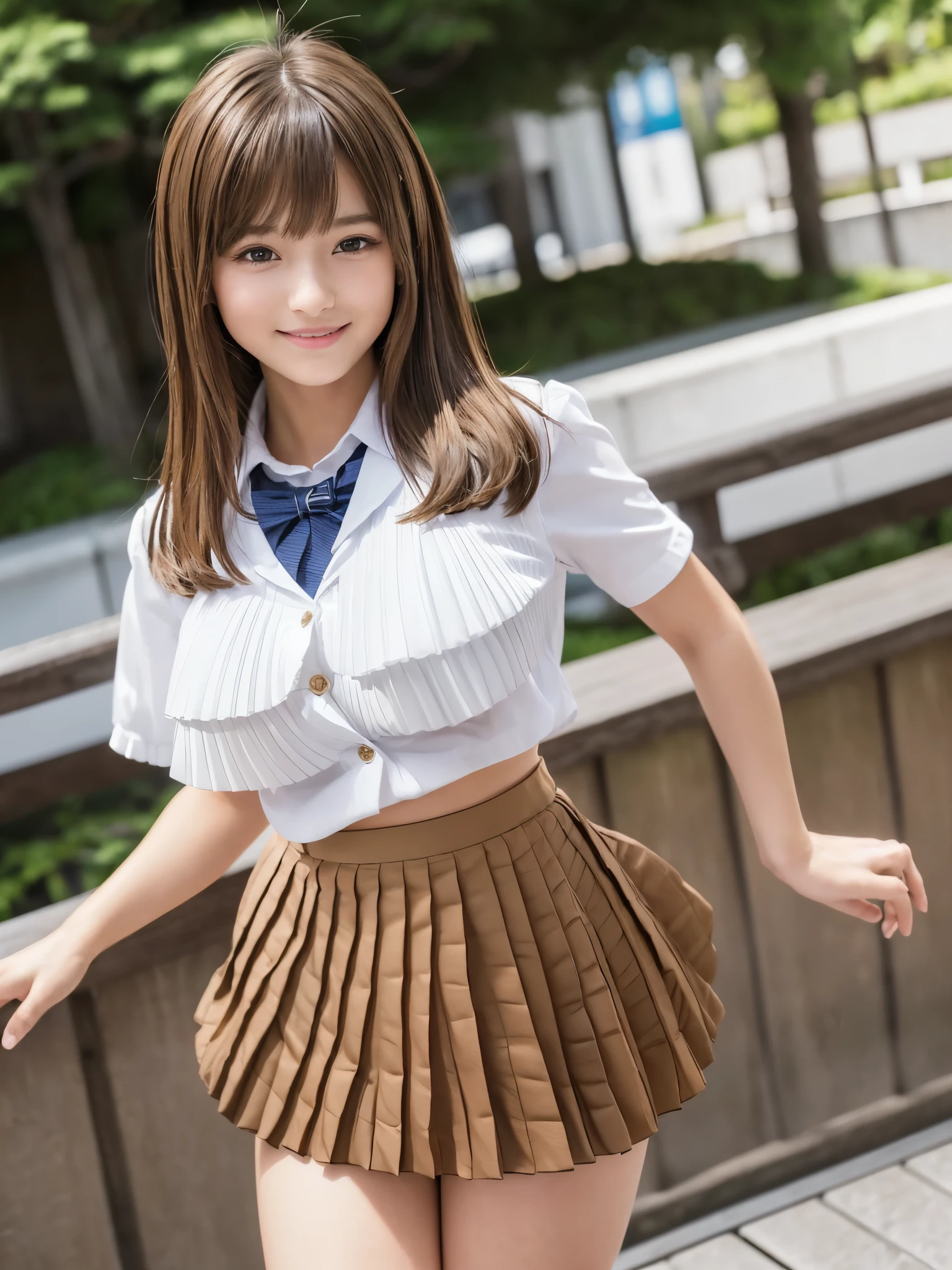 (8k,Highest quality,masterpiece: 1.2),(Realistic, Realistic: 1.37),Very detailed,One person,beauty,cute,Baby Face,smile, One personで,(Nose redness),(smile: 1.15),Beautiful Eyes,Big eyes,Brown eyes,(Brown Long Bob Hair: 1.5),bangs,Floating Hair NovaFrog Style,whole body,(Huge breasts:1.5),(Thighs:1.5)(((cute Japan Beautiful Girl))),(Beautiful attention to detail),(Highest quality),(Very detailedな),(masterpiece),(school uniform:1.4),(Ultra Short Micro Pleated Mini Skirt:1.5),(Body like a model),(Long legs)