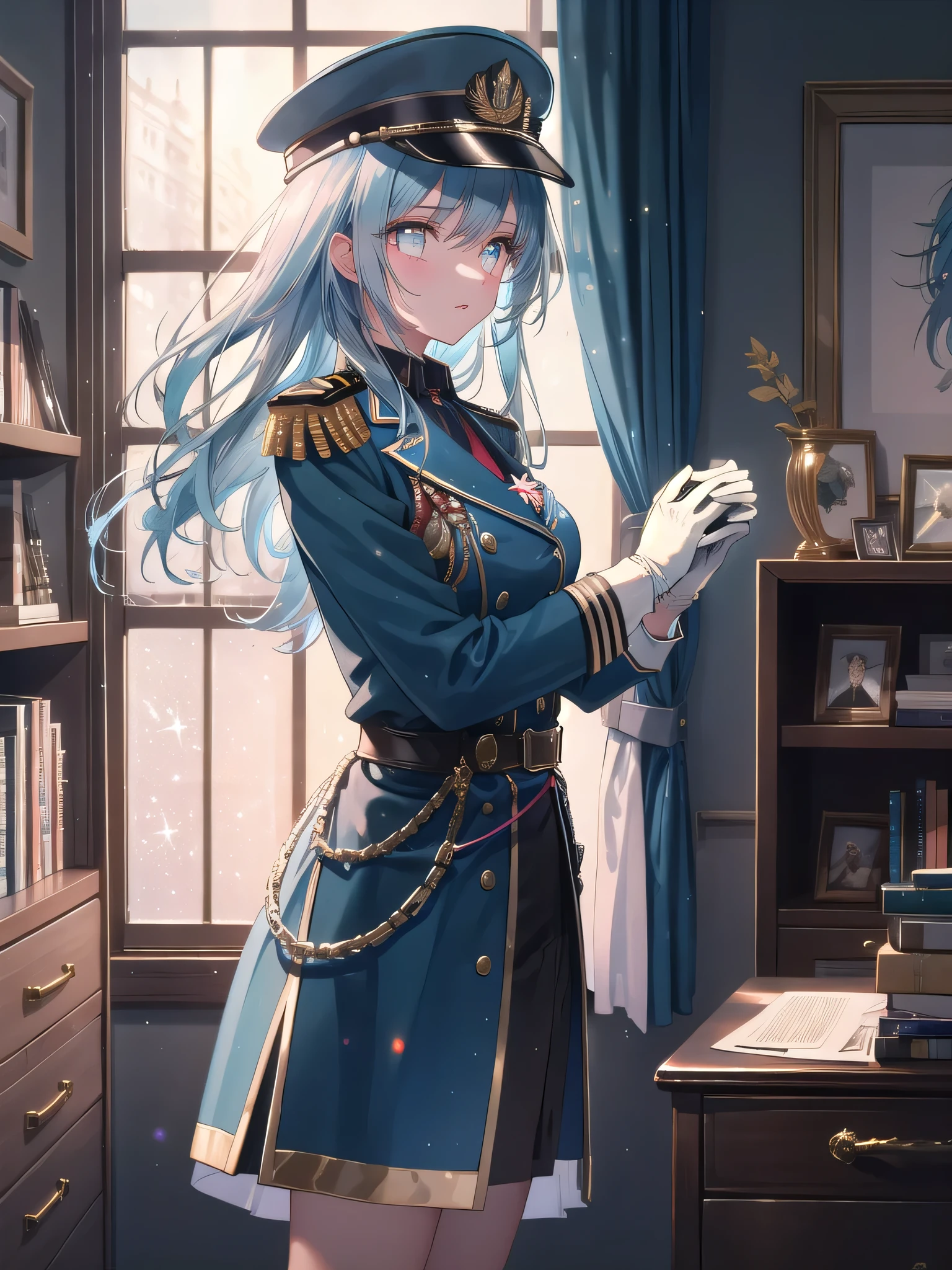 ((8k, Highest quality, masterpiece: 1.3)),Ultra-high resolution,(1 girl, alone), (Color changing eyes, Ultra-detailed, Expressive brilliance, Glitter, Glowing Eyes), Highly detailed eyes, Highly detailed face, Random Hair, ((pastel colour)),A confident young woman with pastel blue hair styled in a sleek bob, standing in front of her wardrobe in her neatly organized room. It’s late afternoon, and the golden light filters in, casting soft shadows across the space. She is dressed in a military officer cosplay, wearing a tailored navy-blue uniform with gold epaulettes, white gloves, and a peaked cap. The camera captures her from a low angle as she adjusts her gloves, her expression determined and poised. Her room is decorated with military-themed posters, a model airplane on her desk, and a collection of medals displayed on a shelf, reflecting her interest in historical cosplay.