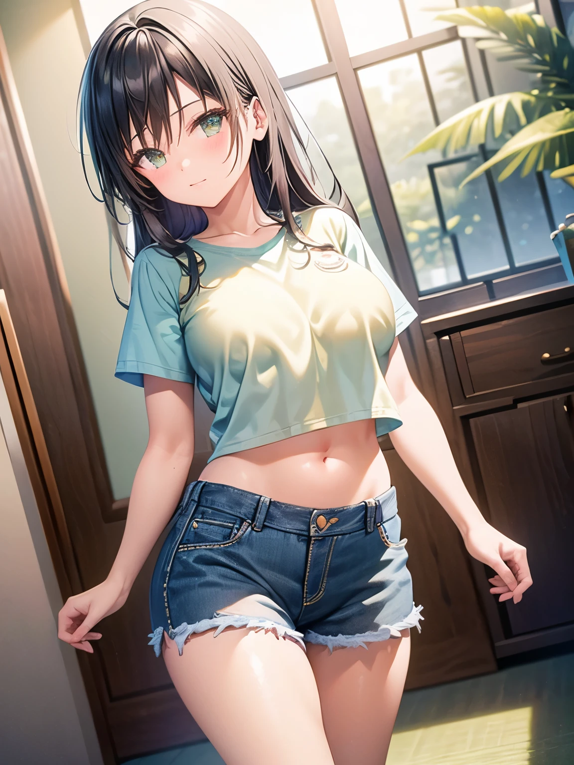 Damaged Denim Shorts　green、Black　Pantyhose、Light blue sports bra　Open-chest Aloha shirt、Big Breasts、Beautiful feet、smile、Black Hair　long hair、Sunset　Hawaii　Diamond Head、Are standing、Belly button　Firm stomach