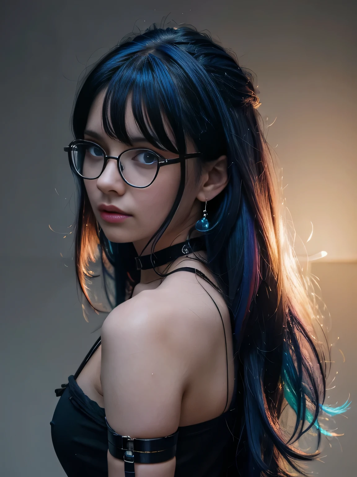 8k wallpaper, masterpiece, movie lighting, best quality, illustration, dramatic angle, ((color: 1.1)), ((color inner hair: 1.4)), 1girl, solo, long hair, water, blue eyes, black glasses, choker, parted lips, white choker, liquid hair, black hair, bangs, from side, side, upper body, simple background, gray background, bare shoulders, portrait, looking at the audience, white dress, hair between eyes, white background, earrings,