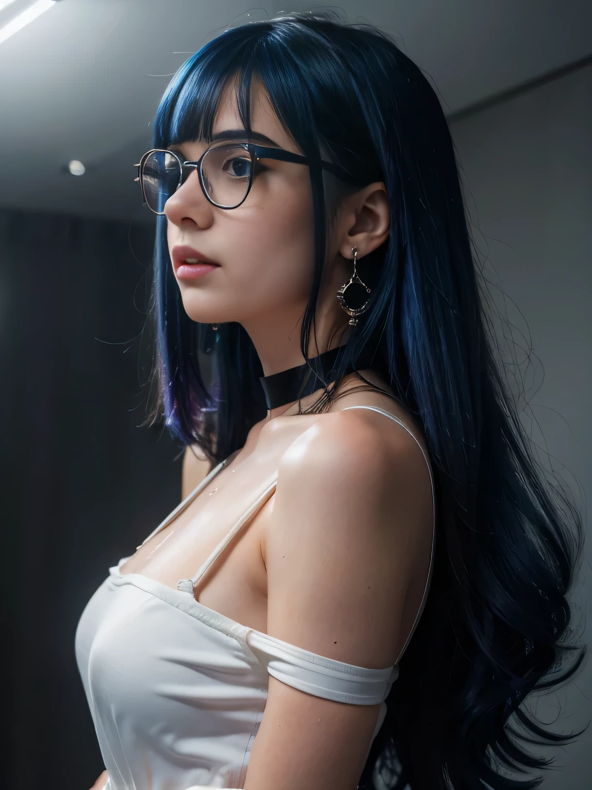 8k wallpaper, masterpiece, movie lighting, best quality, illustration, dramatic angle, ((color: 1.1)), ((color inner hair: 1.4)), 1girl, solo, long hair, water, blue eyes, black glasses, choker, parted lips, white choker, liquid hair, black hair, bangs, from side, side, upper body, simple background, gray background, bare shoulders, portrait, looking at the audience, white dress, hair between eyes, white background, earrings,