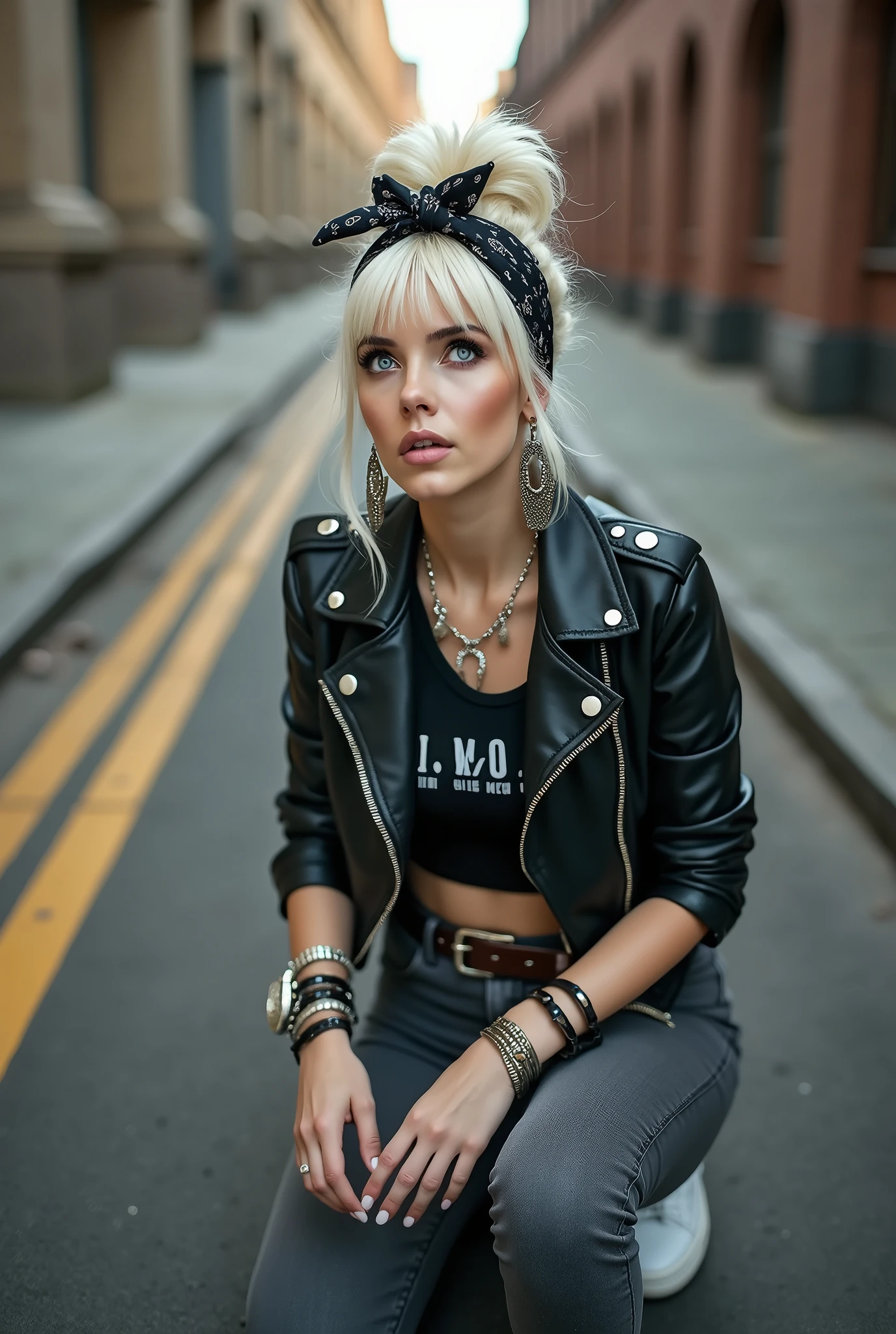 russian milf woman, platinum blonde hair (huge top bun) with black parsley bandana headband, with very light blue eyes, extremely pale. Wearing black moto jacket, cropped metal band t-shirt, skinny dark grey jeans and white tennis sneakers . Lots of metallic bracelets and collars. Tacky leather belt with oversized buckle. Wide loop earrings. Kneeling in a payer, looking up, eyes and mouth wide open in amazement. Hands on her knees. Chin up, open mouth: she thinks she has seen God