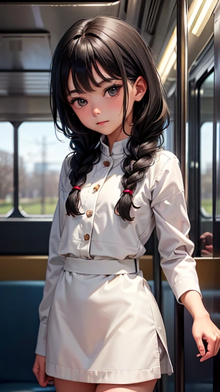 One Woman, alone, alone Focus, Cowboy Shot, Portraiture,Beaver,((Black Hair)), Braiding, Very beautiful eyes, work, White knit, (Small TI quality, Very detailed,uniform,I am being touched by multiple men on the train.