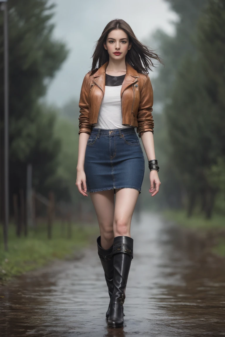 (Brunette woman), (Perfect body), (16K,8k,4K,High resolution,UHigh resolution), (((Ultra-realistic))), masterpiece, Highest quality, Jeans Skirt, leather jacket, Lace Stockings, Embarrassing,Somber Ecstasy, Wet soil, Ominous atmosphere, Ghostly,Mysterious lighting