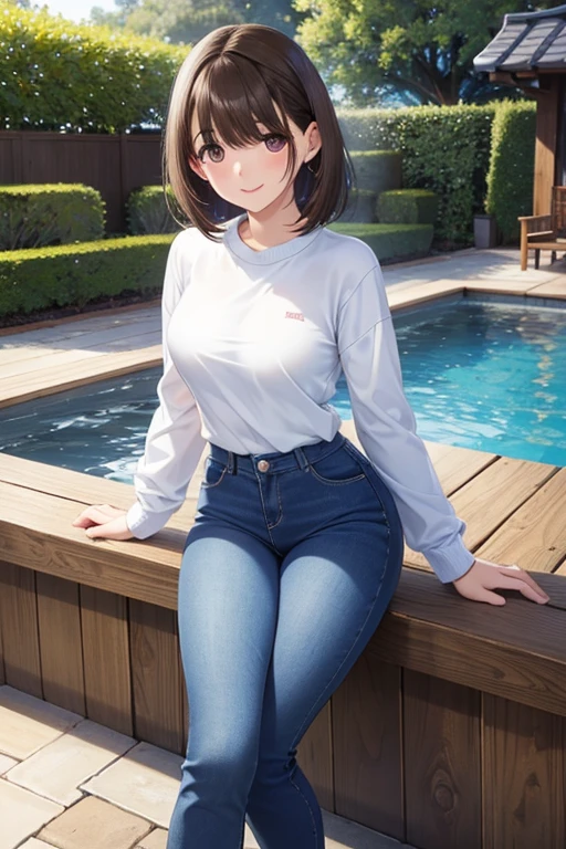 anegasaki nene、Shiny brown hair, short hair, (Beautiful brown eyes、Sparkling eyes, Fine grain)、smile、超detailedな目、非常にdetailedな顔, 非常にdetailedな目,
Highest quality、
((Highest quality, masterpiece:1.3, 8k)), (detailed), highly detailed face and skin texture, detailed eyes, Are standing, (Seductive pose:1.1), garden, Pool, whole body, (Slender body:1.1), One person, Age 25, White skin,
Bright lips, 魅惑的なsmile, Green Sweater, Jeans pants, Skinny jeans, Blue Jeans, White sneakers,