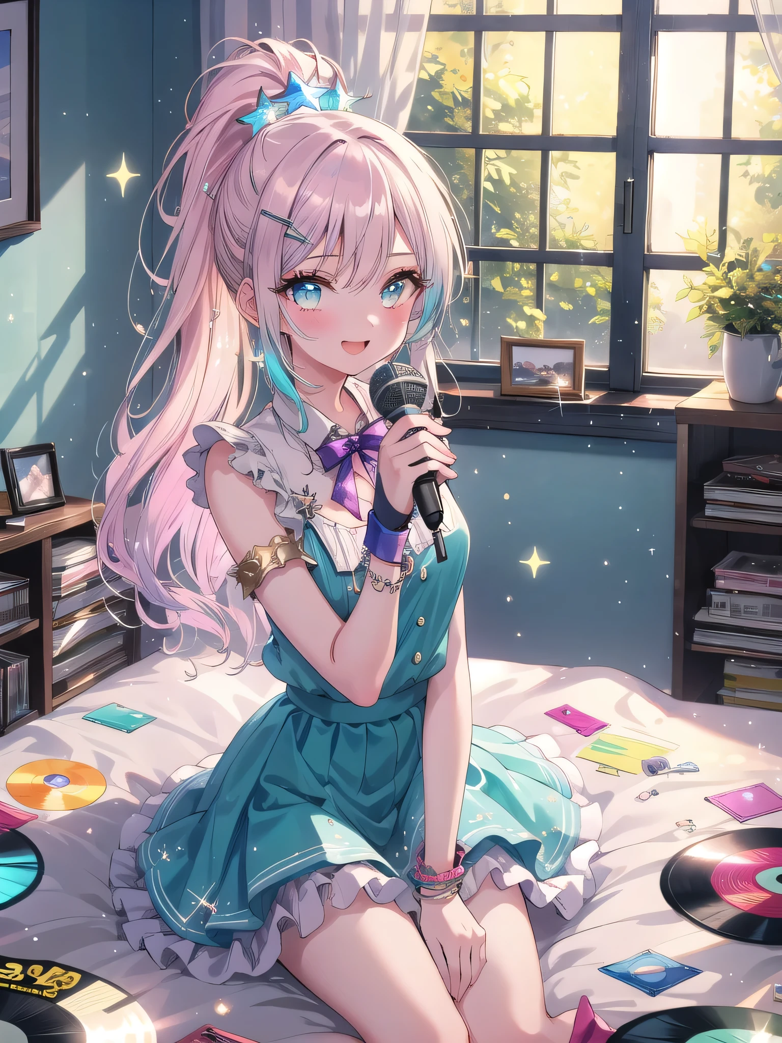 ((8k, Highest quality, masterpiece: 1.3)),Ultra-high resolution,(1 girl, alone), (Color changing eyes, Ultra-detailed, Expressive brilliance, Glitter, Glowing Eyes), Highly detailed eyes, Highly detailed face, Random Hair, ((pastel colour)),A cheerful young woman with pastel teal hair styled into a high ponytail, sitting on her bed, surrounded by scattered cosplay accessories. It’s mid-morning, and the room is filled with bright, natural light coming through the window. She is dressed in a retro idol cosplay, wearing a colorful, glittery dress with a short pleated skirt, matching wristbands, and a star-shaped hairclip. The camera captures her from a slightly elevated angle as she practices her dance moves while sitting, her face beaming with excitement. Her room is filled with posters of famous idols, a microphone stand in the corner, and a shelf lined with CDs and vinyl records, reflecting her love for music and performance.