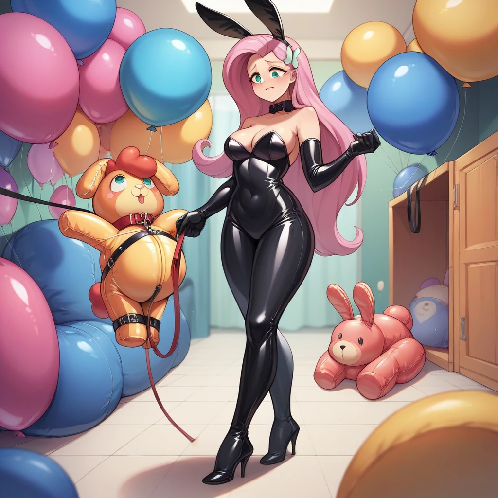 BDSM, colorful balloons, balloon fetish, inflatables, looner, femdom mistress mlpfluttershy in black latex dress and high heels walking on a leash her slave in inflatable latex suit with inflatable collar and balloons suit, feet worship, medium naked thighs, medium breasts, hair ornament, fake bunny ears, perfect feet, balloons everywhere, huge inflatable toys around, inside inflatable room, inflatable balloon bondage, pear type of body shape, perfect face