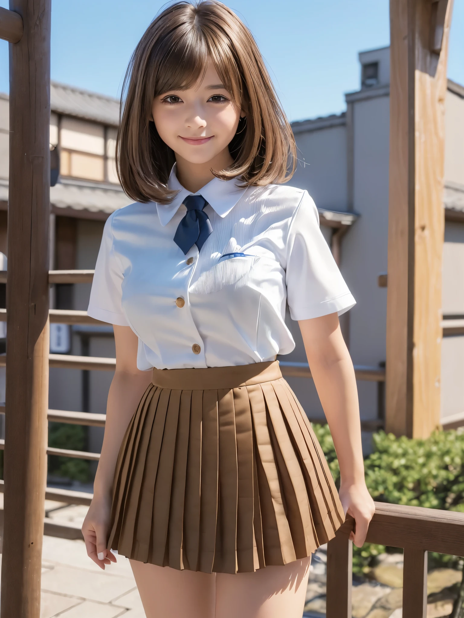 (8k,Highest quality,masterpiece: 1.2),(Realistic, Realistic: 1.37),Very detailed,One person,beauty,cute,Baby Face,smile, alone,(Nose redness),(smile: 1.15),Beautiful Eyes,Big eyes,Brown eyes,(Brown long bob hair: 1.5),Floating Hair,bangs,NovaFrog Style,whole body,(Huge breasts:1.0),(((cute Japan Beautiful Girl))),(Beautiful attention to detail), (Highest quality), (Ultra-detailed), (masterpiece), (school uniform:1.4),(Super Short Micro Pleated Mini Skirt:1.5),(Model-like body),(Long legs)