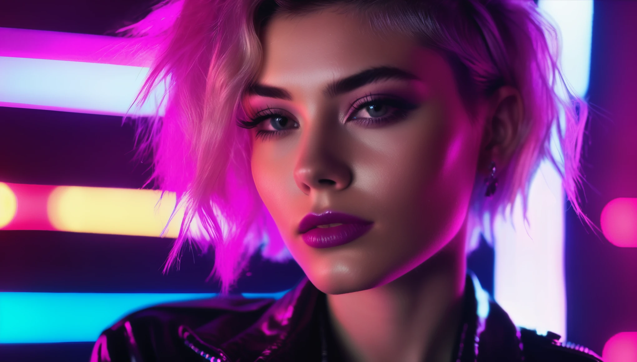 close-up beautiful young punk rock woman very detailled and sharp, retro neon synth wave with lyrics, subtly illuminating the face and body with magenta neon lights, black backdrop, very detailled, 32 mil, sharp focus, work of art