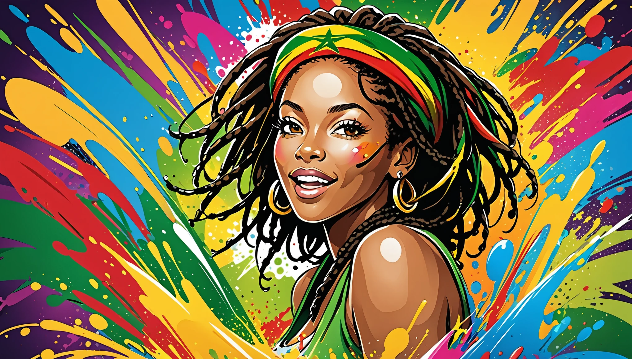 vectorial art, With a lot of Jamaican reggae, Authentic Jamaican Reggae Music Atmosphere，colorful illustrations, At the center, swirly vibrant colors, paint splashes and smears, high détail, 
