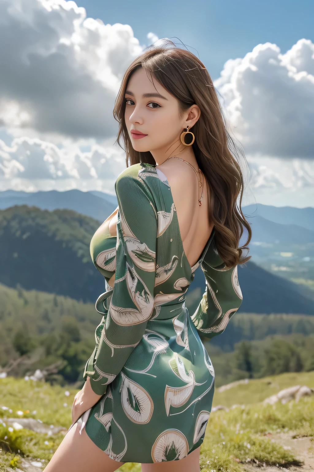 ((standing gracefully with her back to the top of the mountain_with blue sky and white clouds,rays of sunshine:1.2)),read chira、whole body、field, best quality, Realistic, super detailed, down to the last detail, High resolution, 4k wallpaper, Beautiful woman,, lperfect dynamic composition, beautiful and delicate eyes, delicate hair, Round face model body type、mini skirt、drooping eyes,shy smile,in woods,(((abstract green print dress_long sleeve_wrap dress_super mini:1.3)))((No expression:1.3)),((Hair with loose waves inside:1.2)),((Super long brown hair:1.2))((gold necklace_Large earrings:1.2)),((very big big tits_Protruding from clothes_nipple))