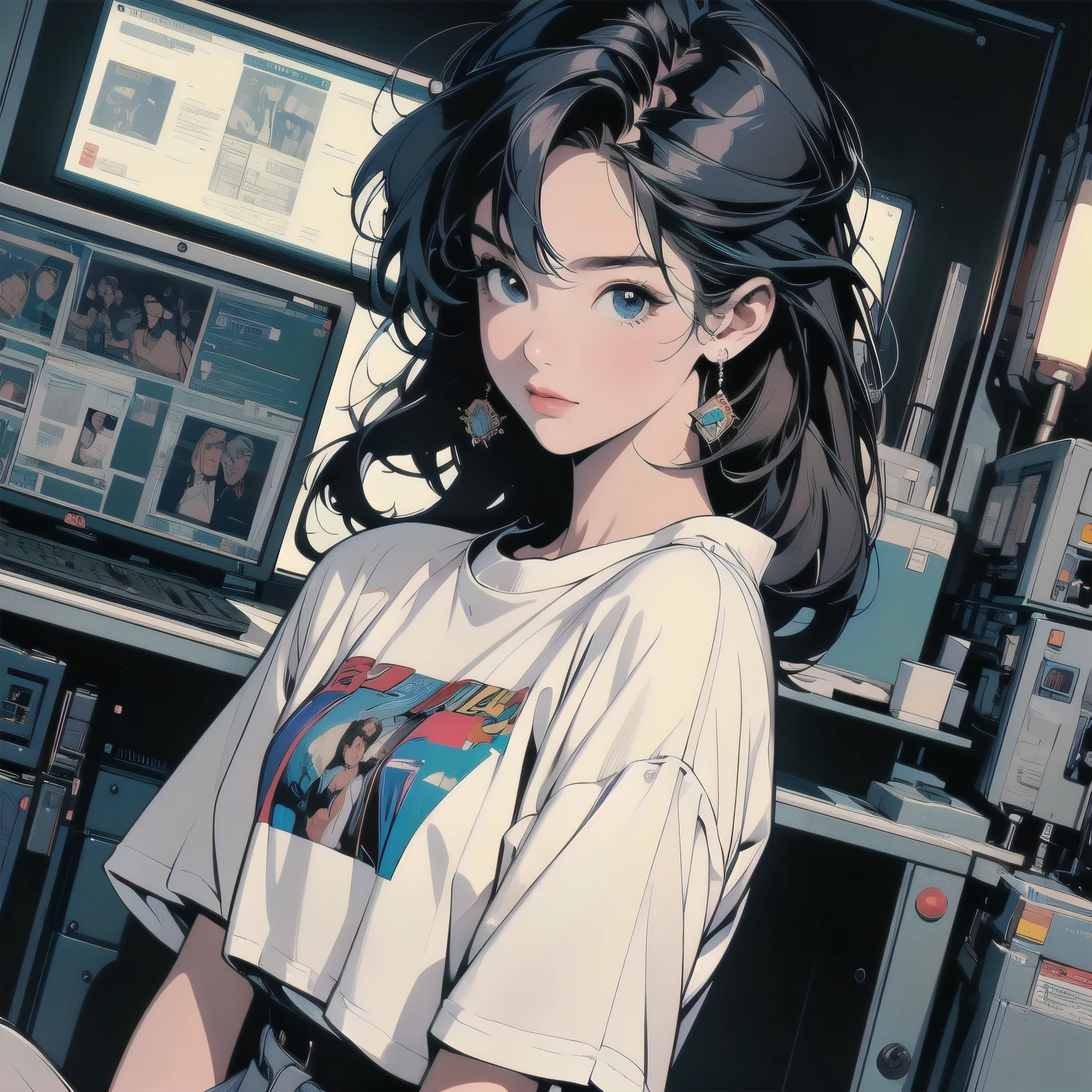 (((masterpiece, Highest quality)))、(((32K Wallpapers)))、The most detailed machine、(((The most complete and detailed colorfull futuristic machine and a woman)))、The most detailed background、(((Flat Chest)))、(((Surrounded by many complex, sophisticated, futuristic machines)))、head shot,((((more various angle))))、((Overall colorfully))、A perfect machine、(((Perfect Face)))、(((The most complete machine of the future)))、Detailed Hair、Trigun、Short sleeve white T-shirt