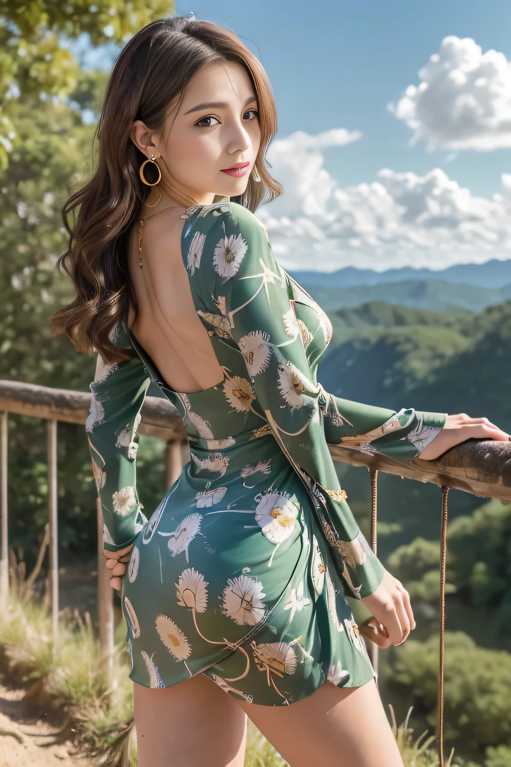 ((standing gracefully with her back to the top of the mountain_with blue sky and white clouds，rays of sunshine:1.2)),read chira、whole body、field, best quality, Realistic, super detailed, down to the last detail, High resolution, 4k wallpaper, Beautiful woman,, lperfect dynamic composition, beautiful and delicate eyes, delicate hair, Round face model body type、mini skirt、drooping eyes,shy smile,in woods,(((abstract green print dress_long sleeve＿wrap dress＿super mini:1.3)))((No expression:1.3)),((Hair with loose waves inside:1.2)),((Super long brown hair:1.2))((gold necklace＿Large earrings:1.2)),((very big big tits＿Protruding from clothes＿nipple))