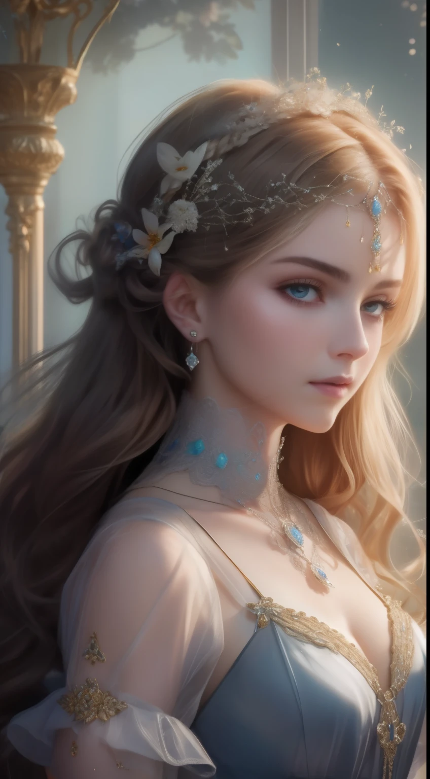masterpiece,highest resolution,Bust of a beautiful noble maiden,delicately braided hair,Twisted hair,shining clear eyes,Wraps your hair with the beautiful and delicate hands of a flower craftsman., crystal、Diamond Jewelry Making,Very detailed details,Upscaled,soft lighting。