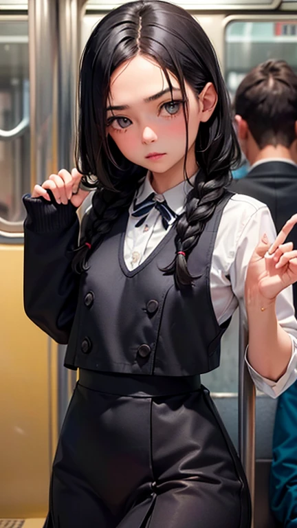 One Woman, alone, alone Focus, Cowboy Shot, Portraiture,Beaver,((Black Hair)), Braiding, Very beautiful eyes, work, White knit, (Small TI quality, Very detailed,uniform,(((I am being touched by multiple men on the train.)))