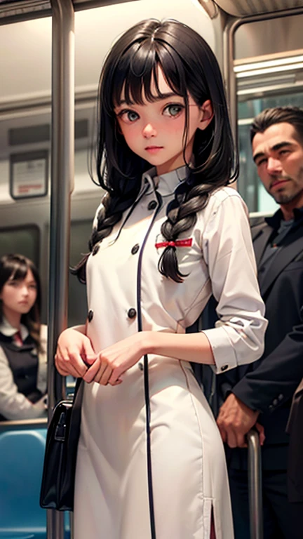 One Woman, alone, alone Focus, Cowboy Shot, Portraiture,Beaver,((Black Hair)), Braiding, Very beautiful eyes, work, White knit, (Small TI quality, Very detailed,uniform,(((I am being touched by multiple men on the train.)))