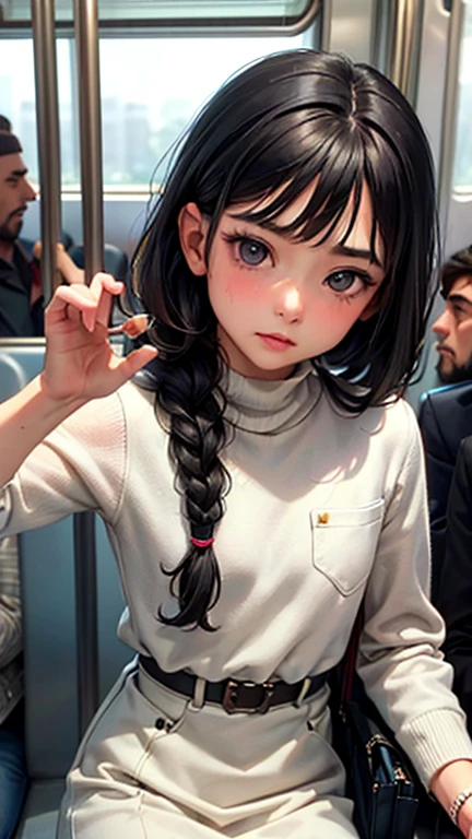 One Woman, alone, alone Focus, Cowboy Shot, Portraiture,Beaver,((Black Hair)), Braiding, Very beautiful eyes, work, White knit, (Small TI quality, Very detailed,uniform,(((I am being touched by multiple men on the train.)))