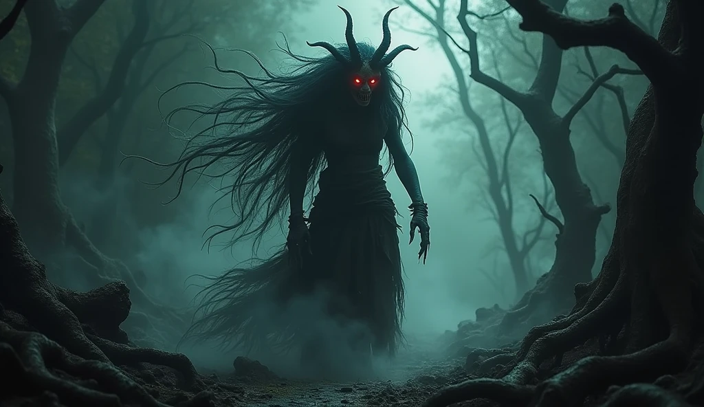 A terrifying and eerie Yakshini standing in a dark, ancient forest surrounded by twisted, gnarled trees. Her appearance is both beautiful and menacing, with glowing red eyes that pierce through the shadows. Her long, wild hair flows around her like a black cloud, and her sharp, elongated teeth are bared in a sinister grin. She wears traditional yet tattered clothing that hints at her divine origins but is stained and torn, giving her a ghastly presence. Ghostly, mist-like tendrils swirl around her feet, and the ground beneath her appears charred and cracked. The atmosphere is thick with a foreboding sense of danger, and the only light comes from the dim, eerie glow that surrounds her, casting long, ominous shadows. The overall scene is dark and unsettling, with the Yakshini's supernatural beauty cloaked in a terrifying aura.