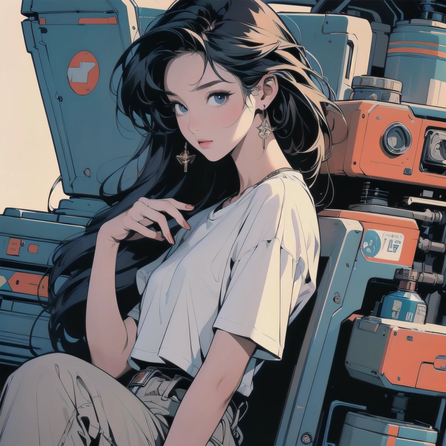 (((masterpiece, Highest quality)))、(((32K Wallpapers)))、The most detailed machine、(((The most complete and detailed colorfull futuristic machine and a woman)))、The most detailed background、(((Flat Chest)))、(((Surrounded by many complex, sophisticated, futuristic machines)))、head shot,((((more various angle))))、((Overall colorfully))、A perfect machine、(((Perfect Face)))、(((The most complete machine of the future)))、Detailed Hair、Trigun、Short sleeve white T-shirt