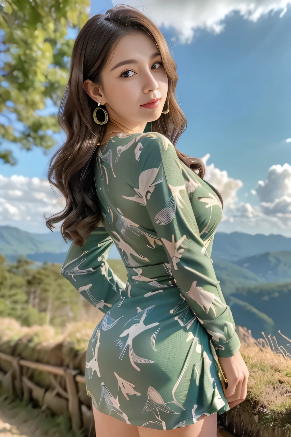((standing gracefully with her back to the top of the mountain_with blue sky and white clouds,rays of sunshine:1.2)),read chira、whole body、field, best quality, Realistic, super detailed, down to the last detail, High resolution, 4k wallpaper, Beautiful woman,, lperfect dynamic composition, beautiful and delicate eyes, delicate hair, Round face model body type、mini skirt、drooping eyes,shy smile,in woods,(((abstract green print dress_long sleeve_wrap dress_super mini:1.3)))((No expression:1.3)),((Hair with loose waves inside:1.2)),((Super long brown hair:1.2))((gold necklace_Large earrings:1.2)),((very big big tits_Protruding from clothes_nipple))
