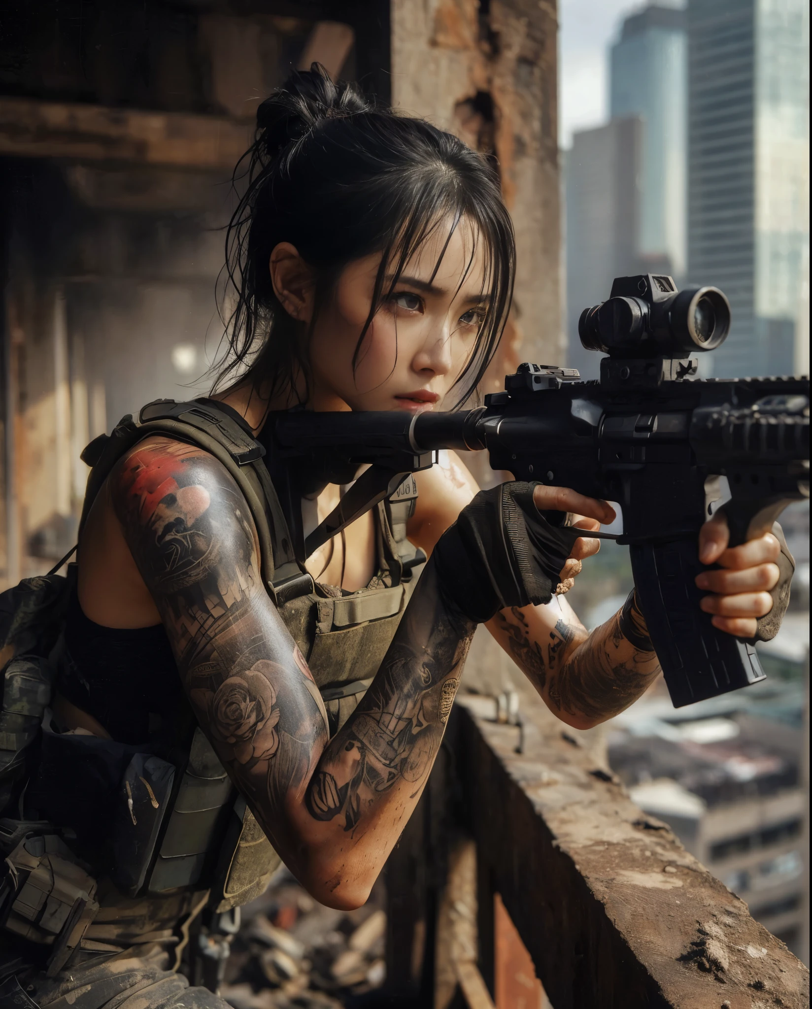 8k,Realistic Photo、Realistic Skin Texture、Superrealism、Japanese women in the U.S. military、Tattoo、Beauty、American cityscape、Jump from the roof of an old building to the roof of the next building、Automatic rifle、Heavy equipment、after the rain、Covered in scars、It is dirty、muscle、The background is out of focus、While avoiding gunfire、Desperate look、Dramatic composition、action、Fierce Battle、Ace