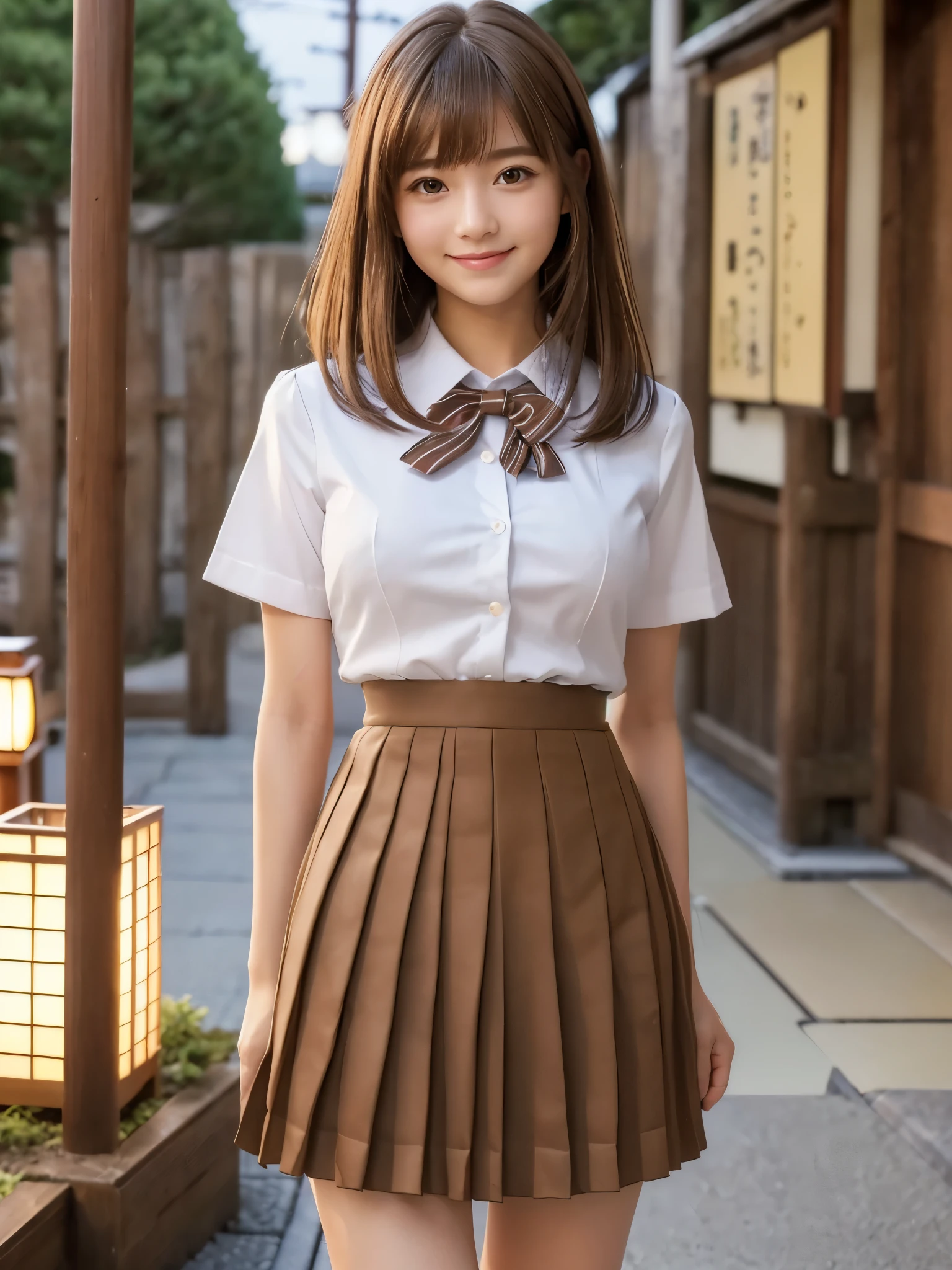 (8k,Highest quality,masterpiece: 1.2),(Realistic, Realistic: 1.37),Very detailed,One person,beauty,cute,Baby Face,smile, One personで,(Nose redness),(smile: 1.15),Beautiful Eyes,Big eyes,Brown eyes,(Brown Long Bob Hair: 1.5),bangs,Floating Hair NovaFrog Style,whole body,(Huge breasts:1.3),(((cute Japan Beautiful Girl))),(Beautiful attention to detail),(Highest quality),(Very detailedな),(masterpiece),(school uniform:1.4),(Ultra-short micro-pleated mini skirt:1.4),(Body like a model),(Long legs)